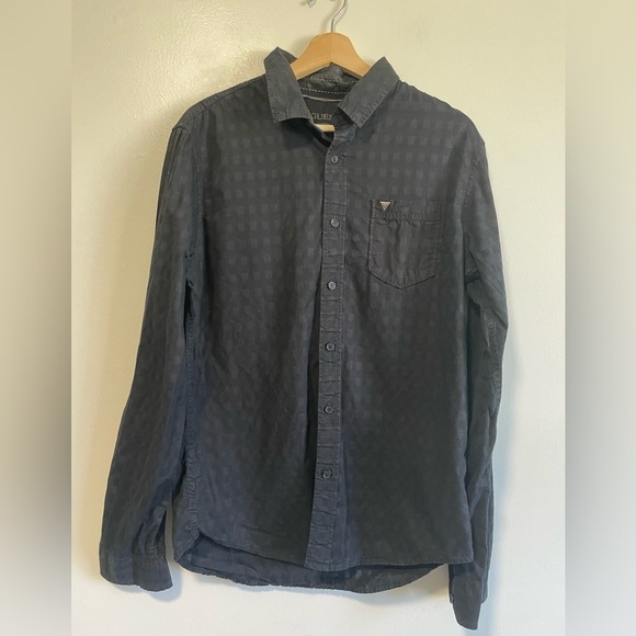 Guess Black Dark Grey Square Print Long Sleeve Dress Button Up Shirt - Picture 1 of 6